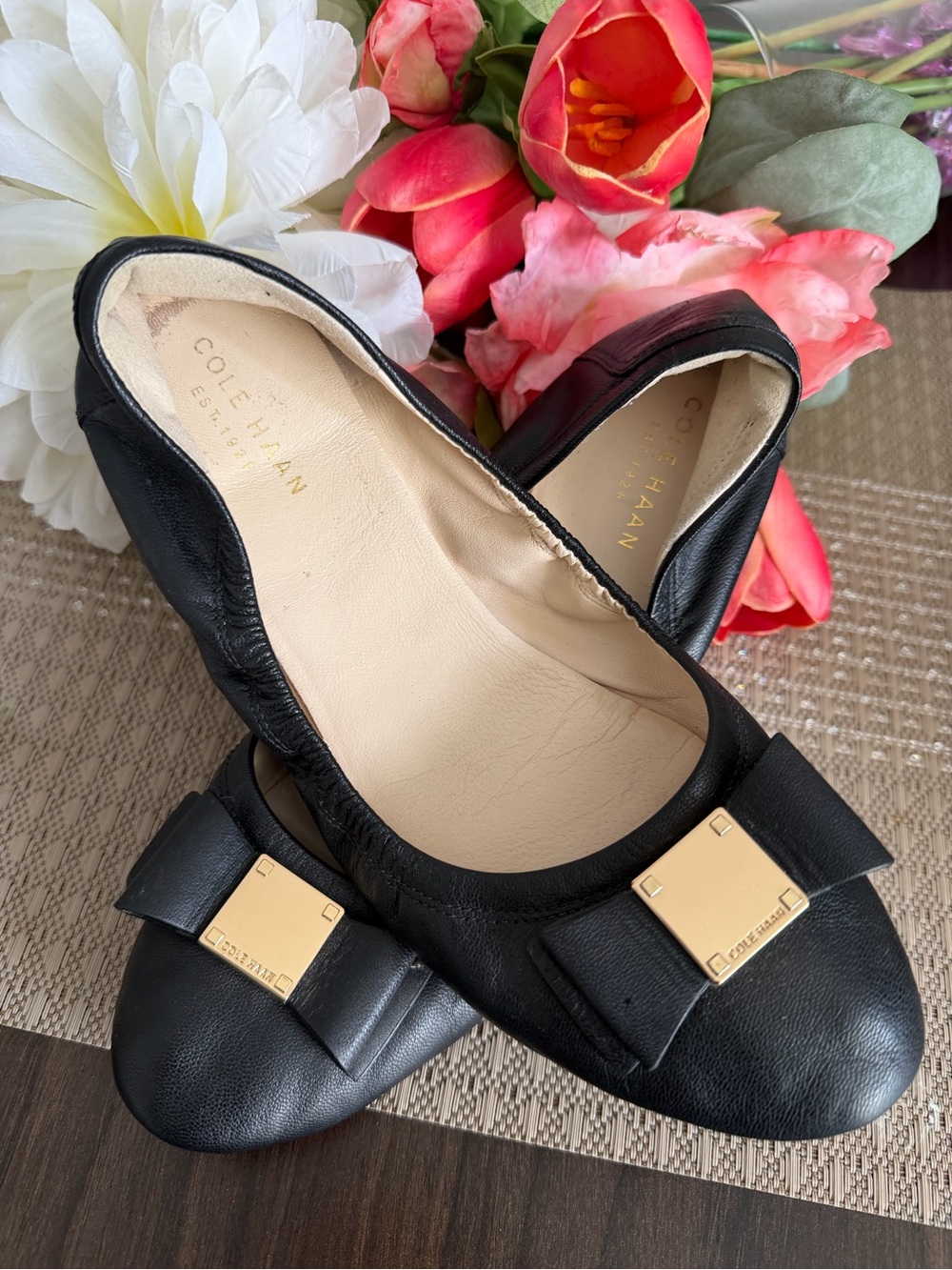 Cole Haan Black Leather Bow Flats with Gold Square Accent